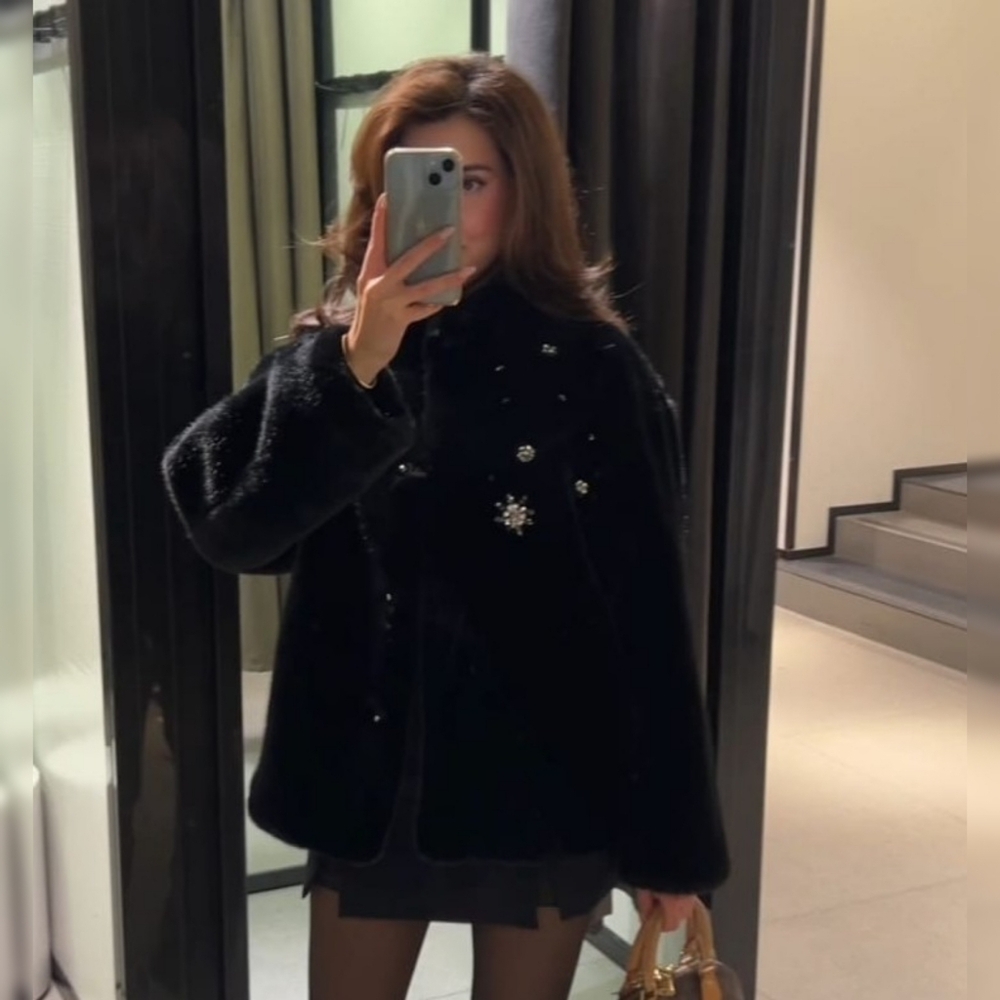Zara Coat Jewel Faux Fur Black